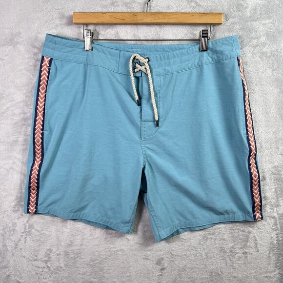 Faherty Board Shorts Swim Trunks Men's 35 Blue Embroidered Beachy Summer FLAW - Picture 1 of 16